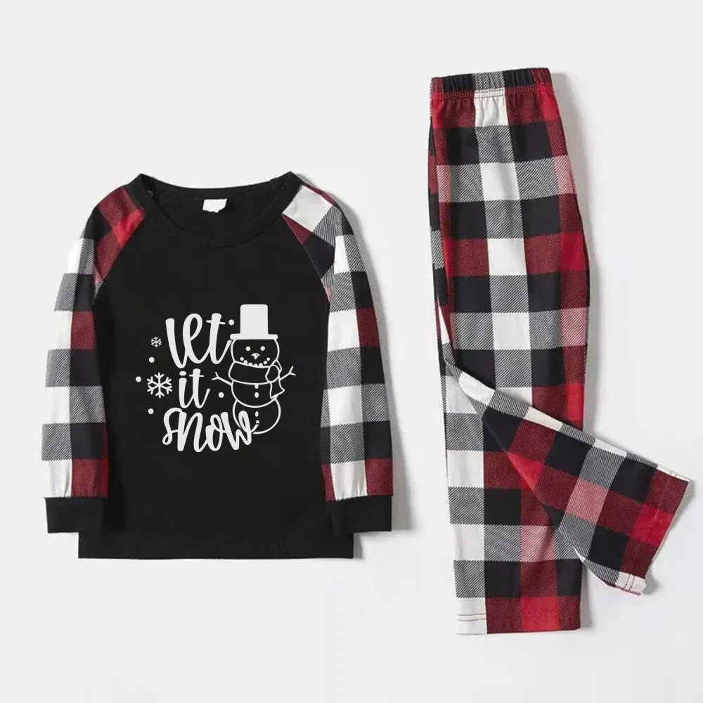 Christmas Family Matching Pajamas-Red and Gray Plaid Pjs set with "Let It Snow" Black & White Text Print