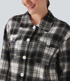 Plaid Curved Hem Casual Shirt Jacket with Flap Pockets
