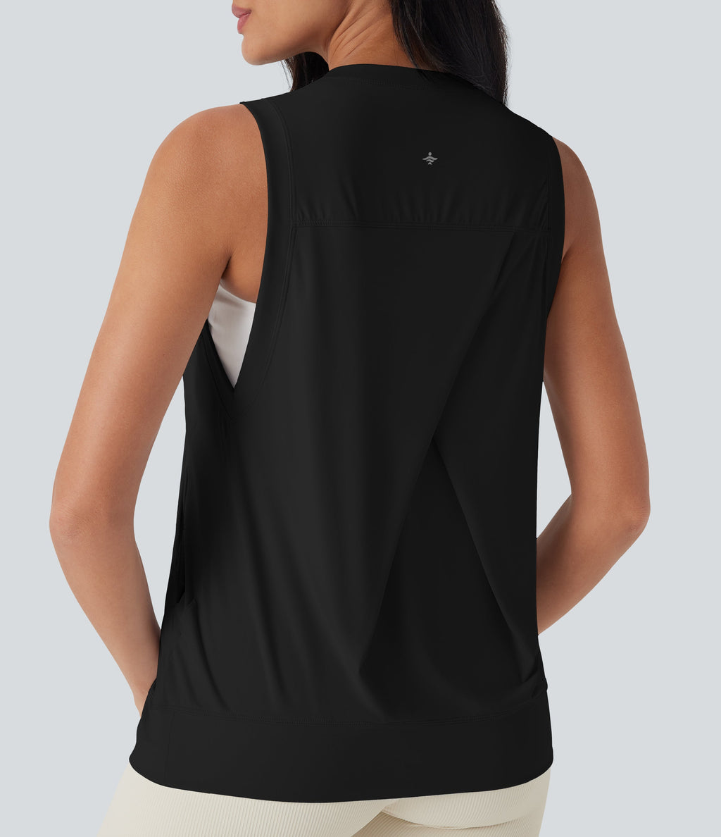 Round Neck Cool Touch Yoga Tank Top with Pockets-UPF50+