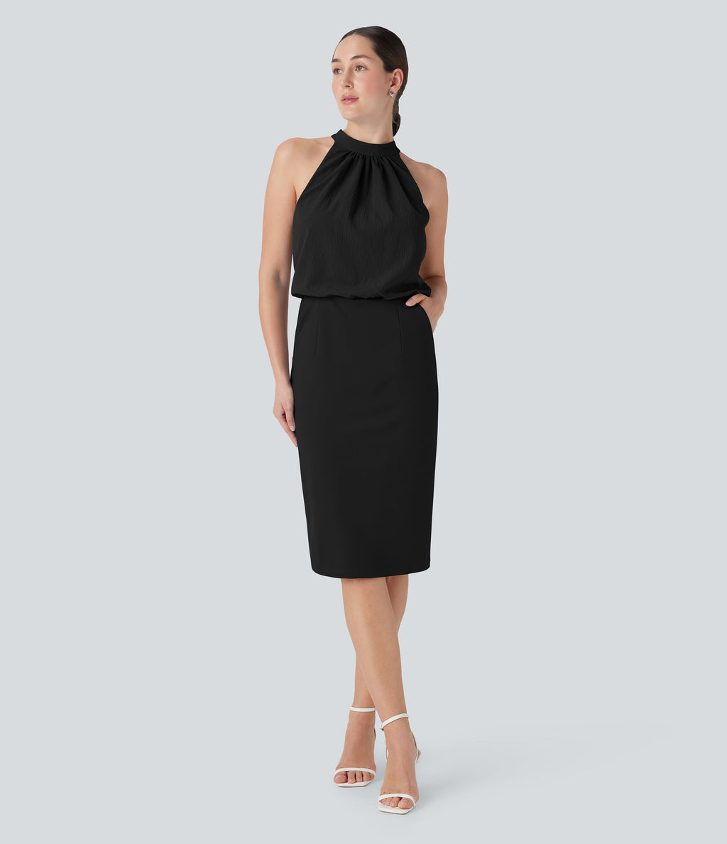 SoftlyZeroTM Airy Halter Tie Back Cool Touch Midi Work Dress with Pockets-UPF50+