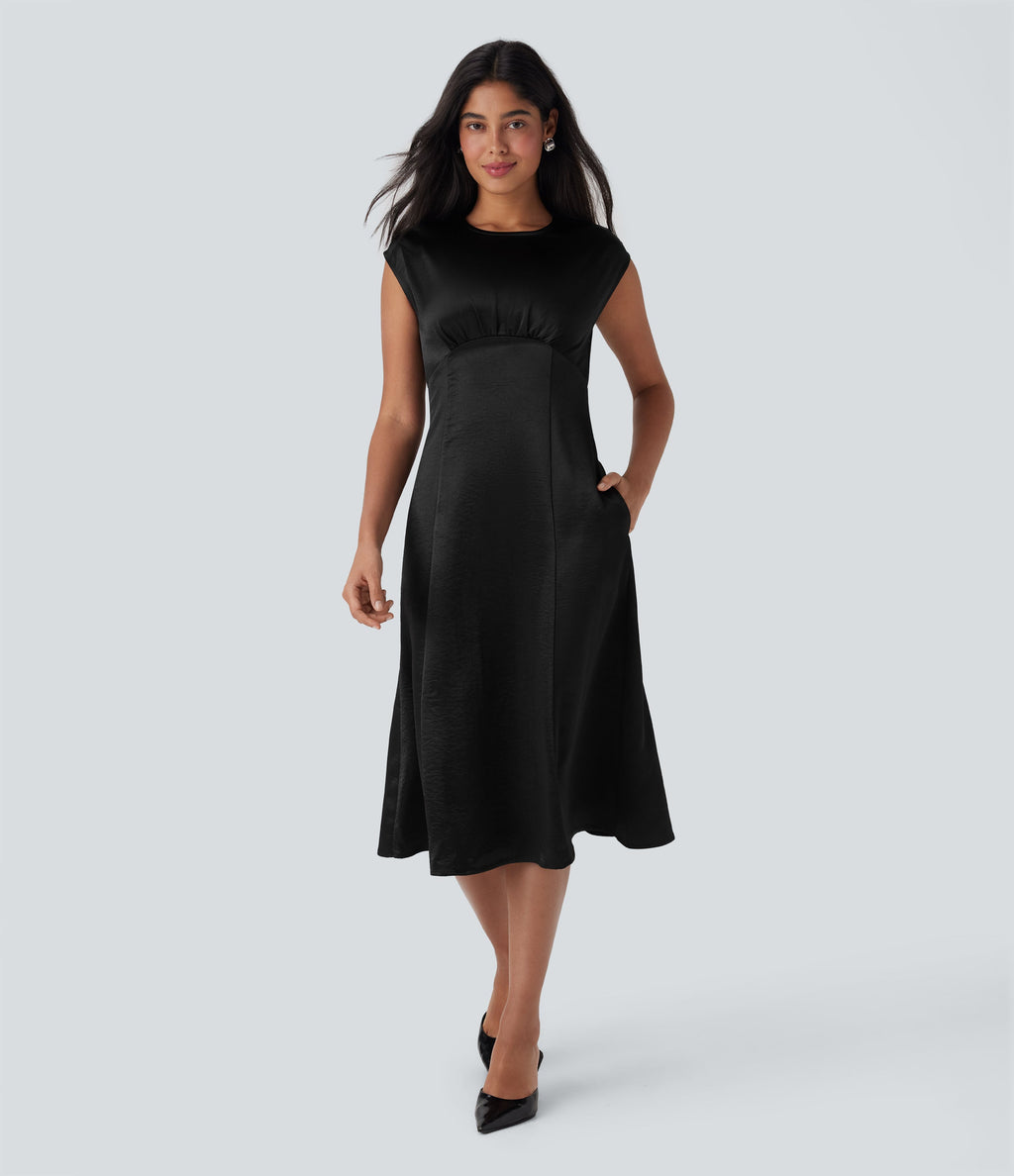 Round Neck Ruched Midi Satin Work Dress with Pockets