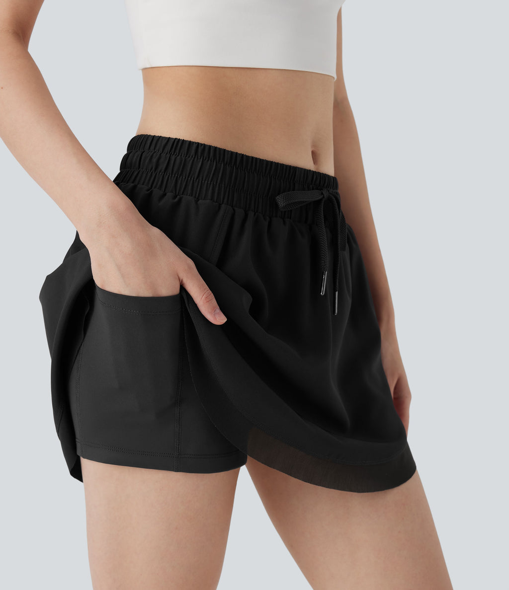 Mid Rise Drawstring 2-in-1 Contrast Mesh Mini Tennis Skirt with Pockets