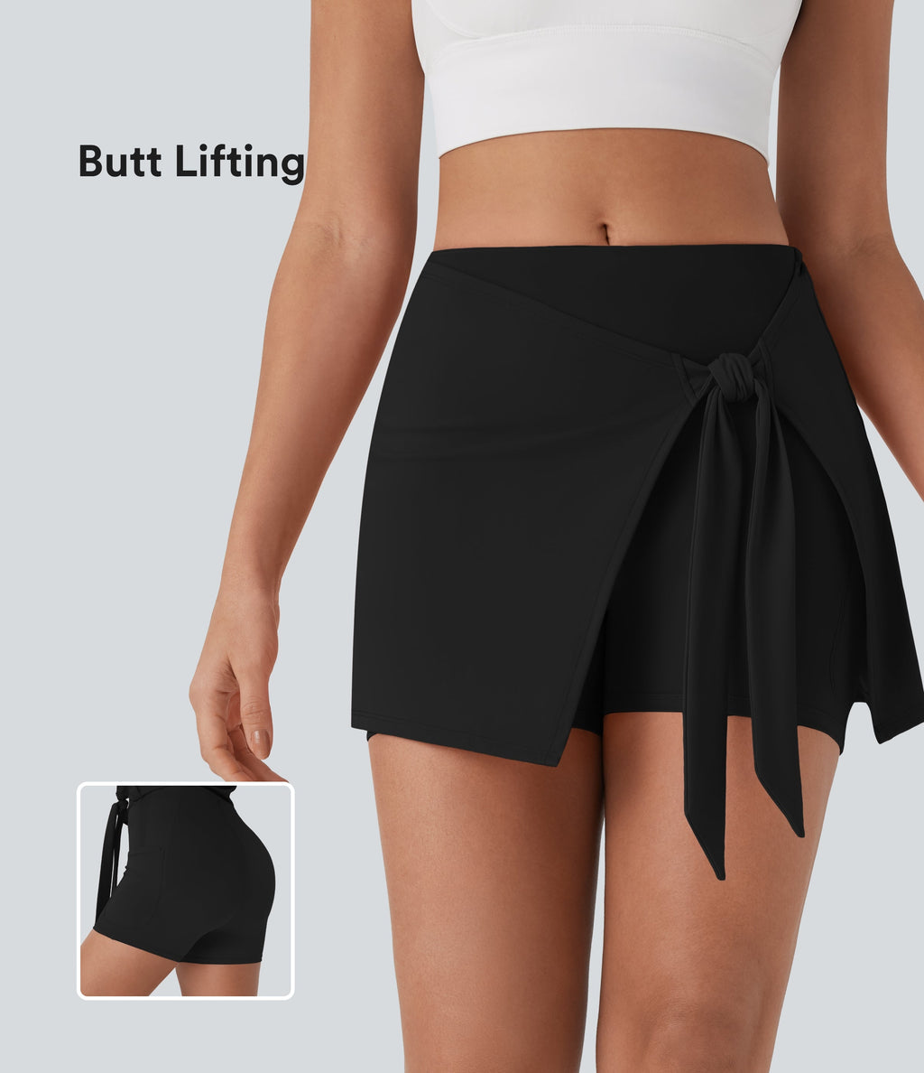 SoftlyZeroTM QuickDry High Waisted Butt Lifting Tie Front 2-in-1 Mini Yoga Skirt with Pocket