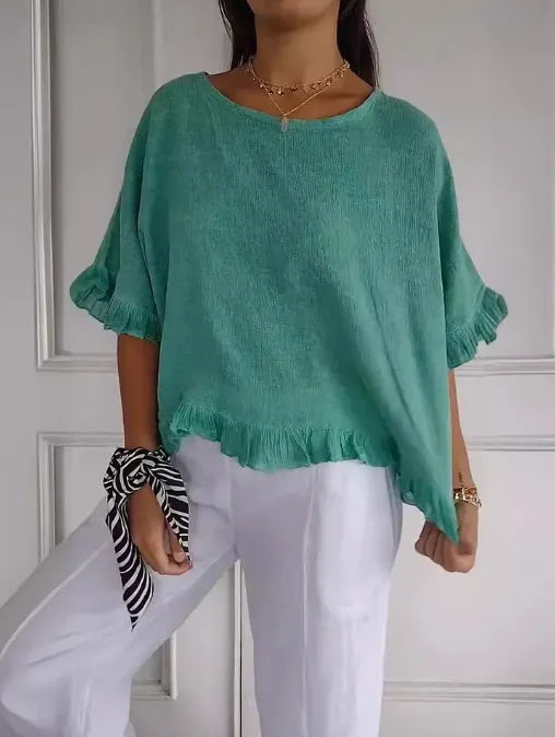 🔥Clearance Sale🔥 Women's Round Neck Ruffled Cotton And Linen Top