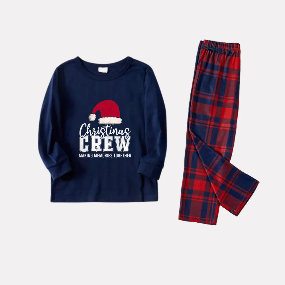 Christmas Family Matching Pajamas-Navy & Red Plaid Pjs Set with "Christmas Crew Making Memories Together" and Santa Hat Pattern Print