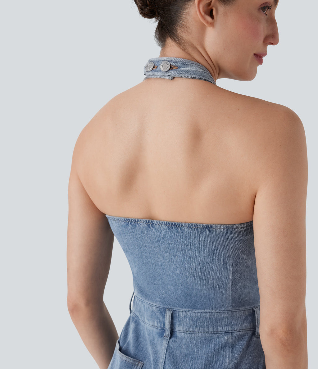 FlexTM Halter Wide Leg Denim Casual Jumpsuit with Pockets