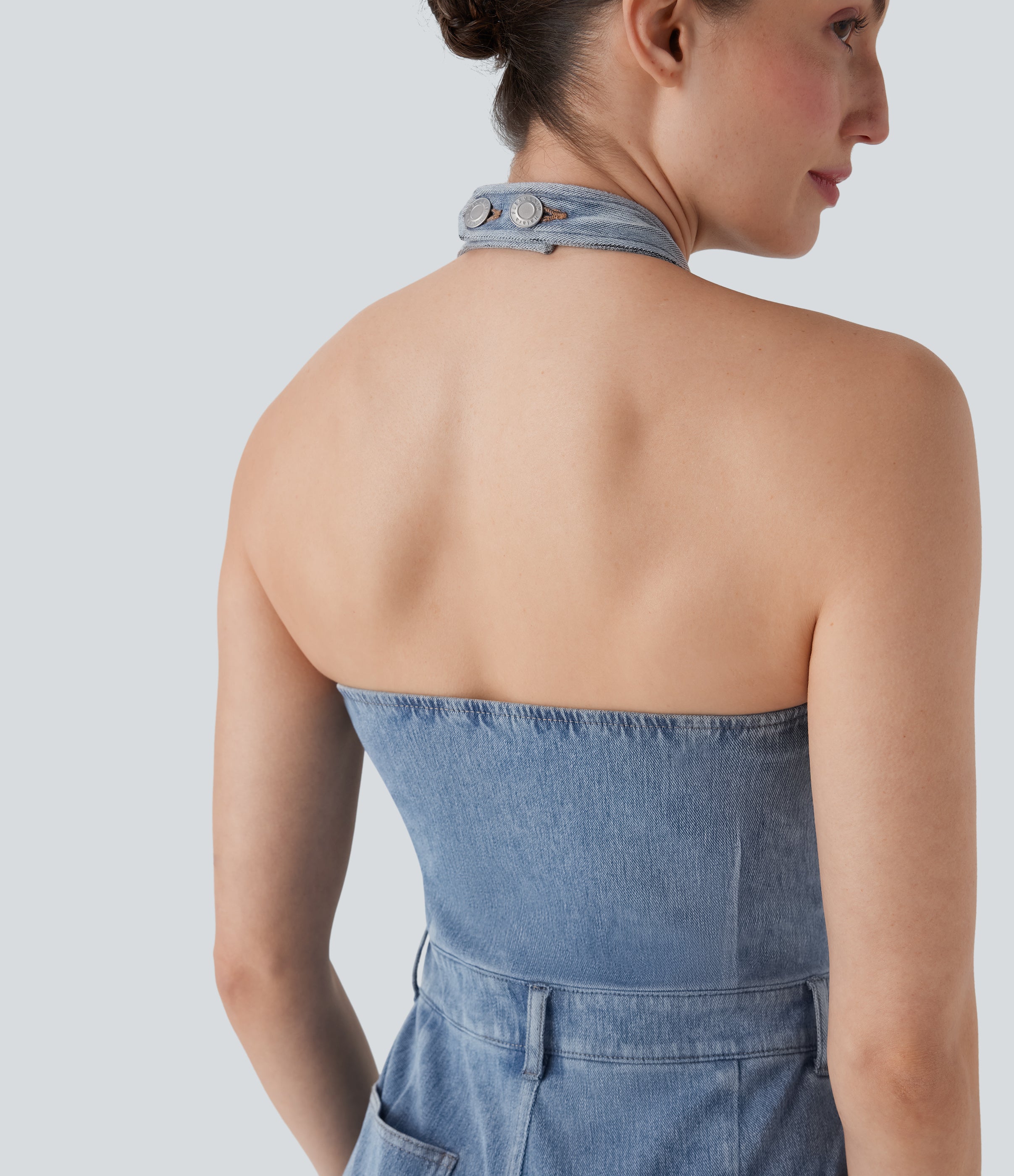 FlexTM Halter Wide Leg Denim Casual Jumpsuit with Pockets