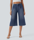 FlexTM Mid Rise Capri Wide Leg Washed Casual Jeans with Pockets