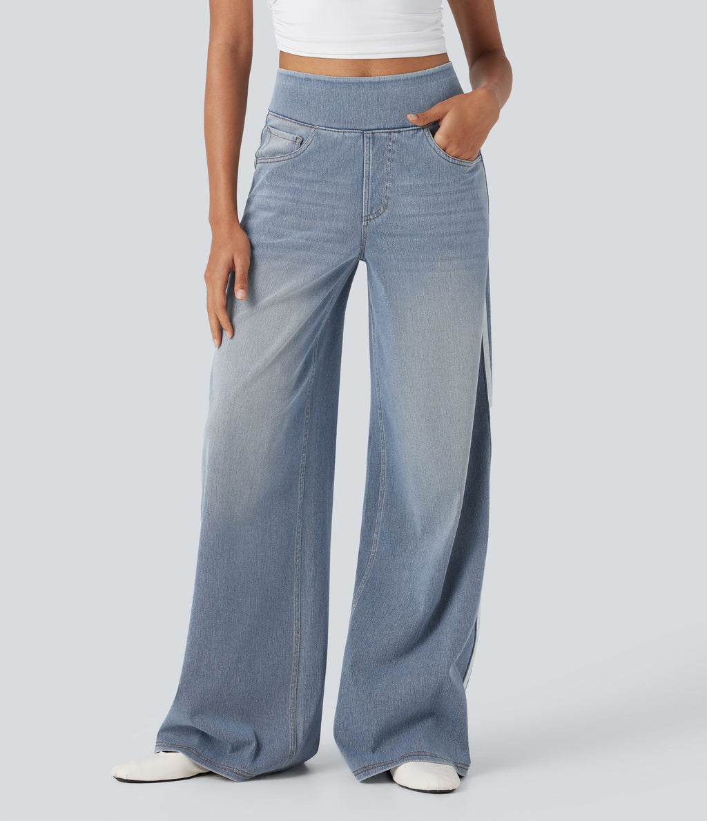 FlexTM High Waisted Stripe Wide Leg Flowy Washed Casual Jeans with Pockets