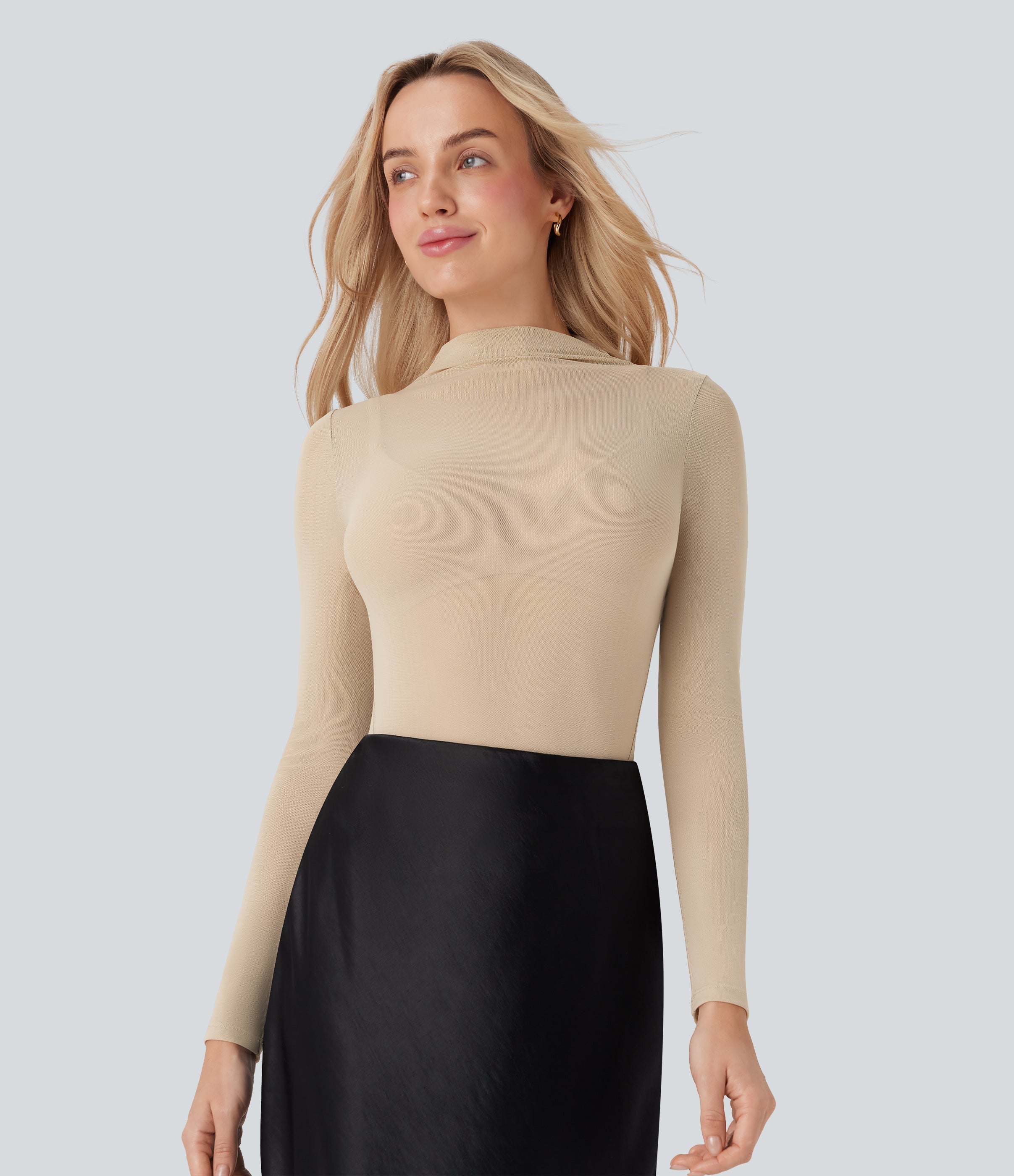 Sheer Mesh Mock-neck Snap Casual Bodysuit