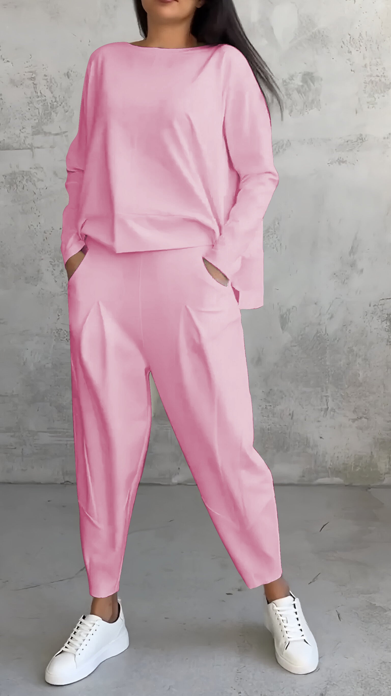 Women Autumn Chic Casual Round Neck Long Sleeve Two Piece Suit