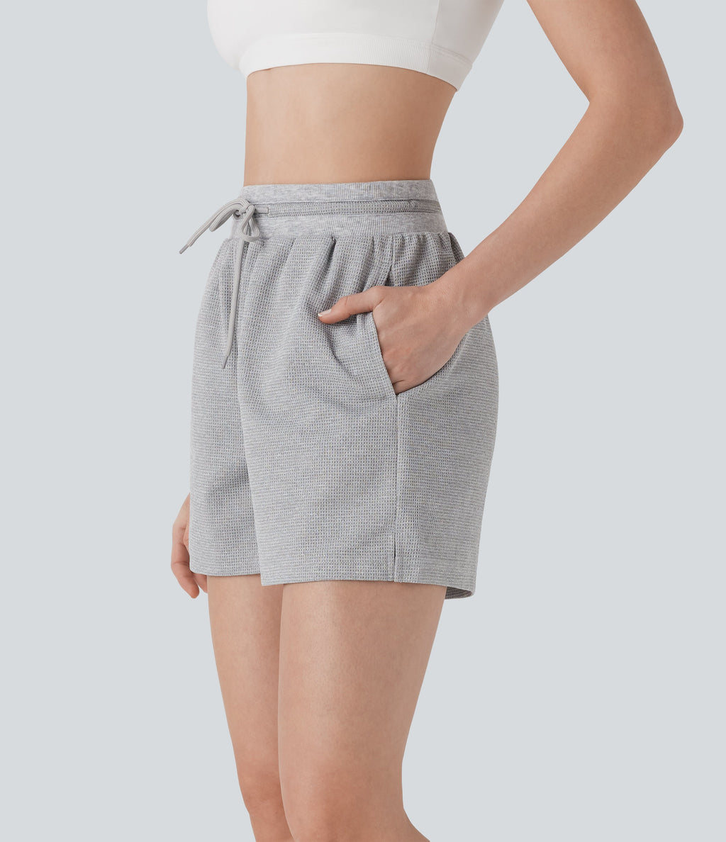 High Waisted Drawstring Waffle Yoga Shorts with Pockets