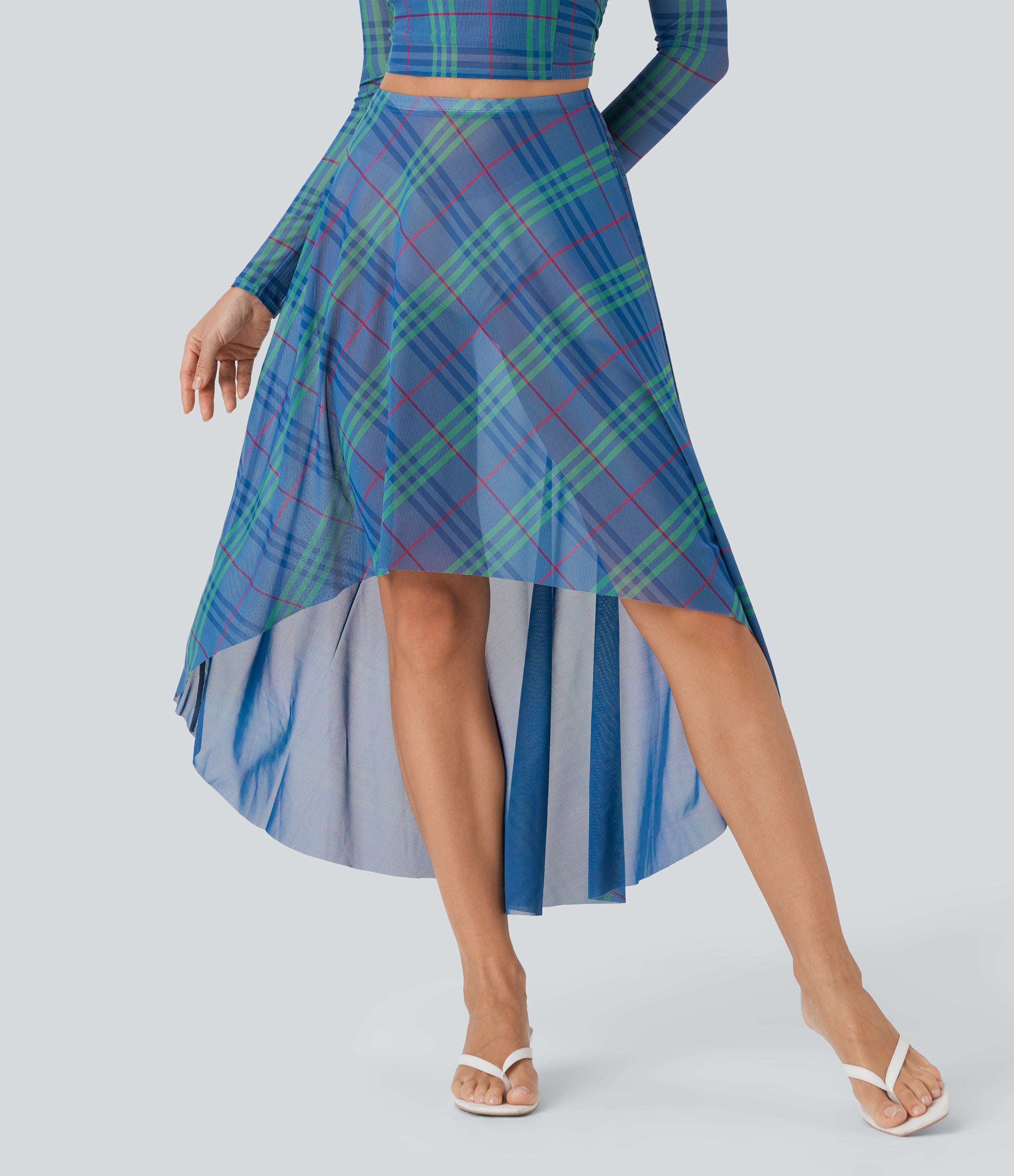 Sheer Mesh High-Waisted High-Low Plaid Maxi Flowy Skirt