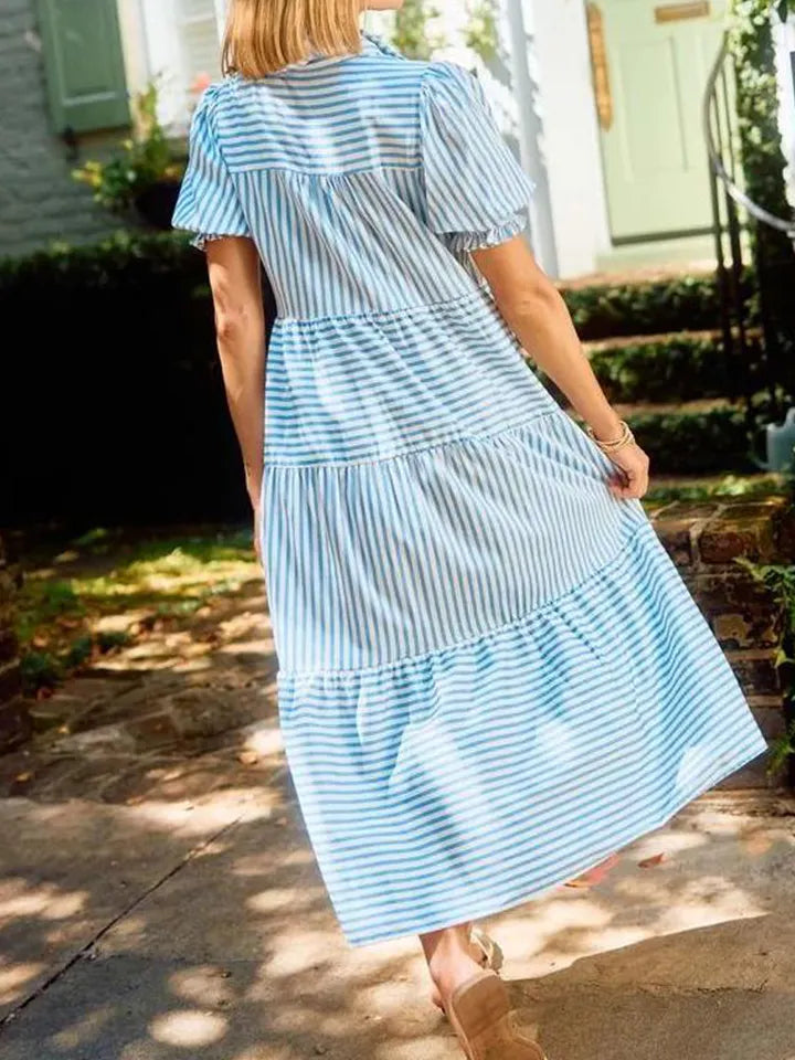 NEW🔥 V-Neck Pleated Short Sleeve Striped Shirt Dress
