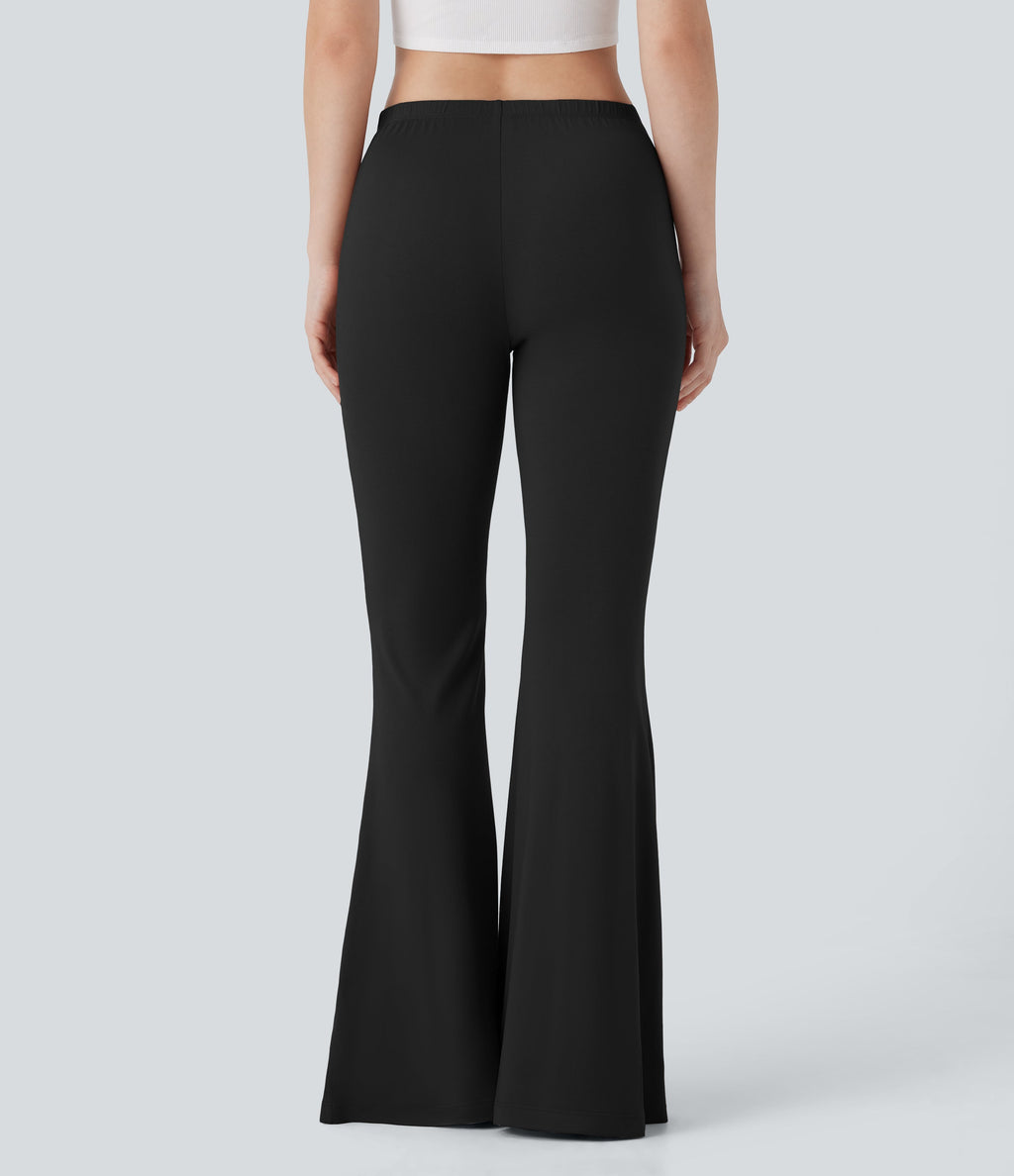 V Shaped Mid Rise Drawstring Flowy Casual Flare Pants