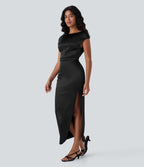 Boat Neck Cap Sleeve Ruched Satin Dress