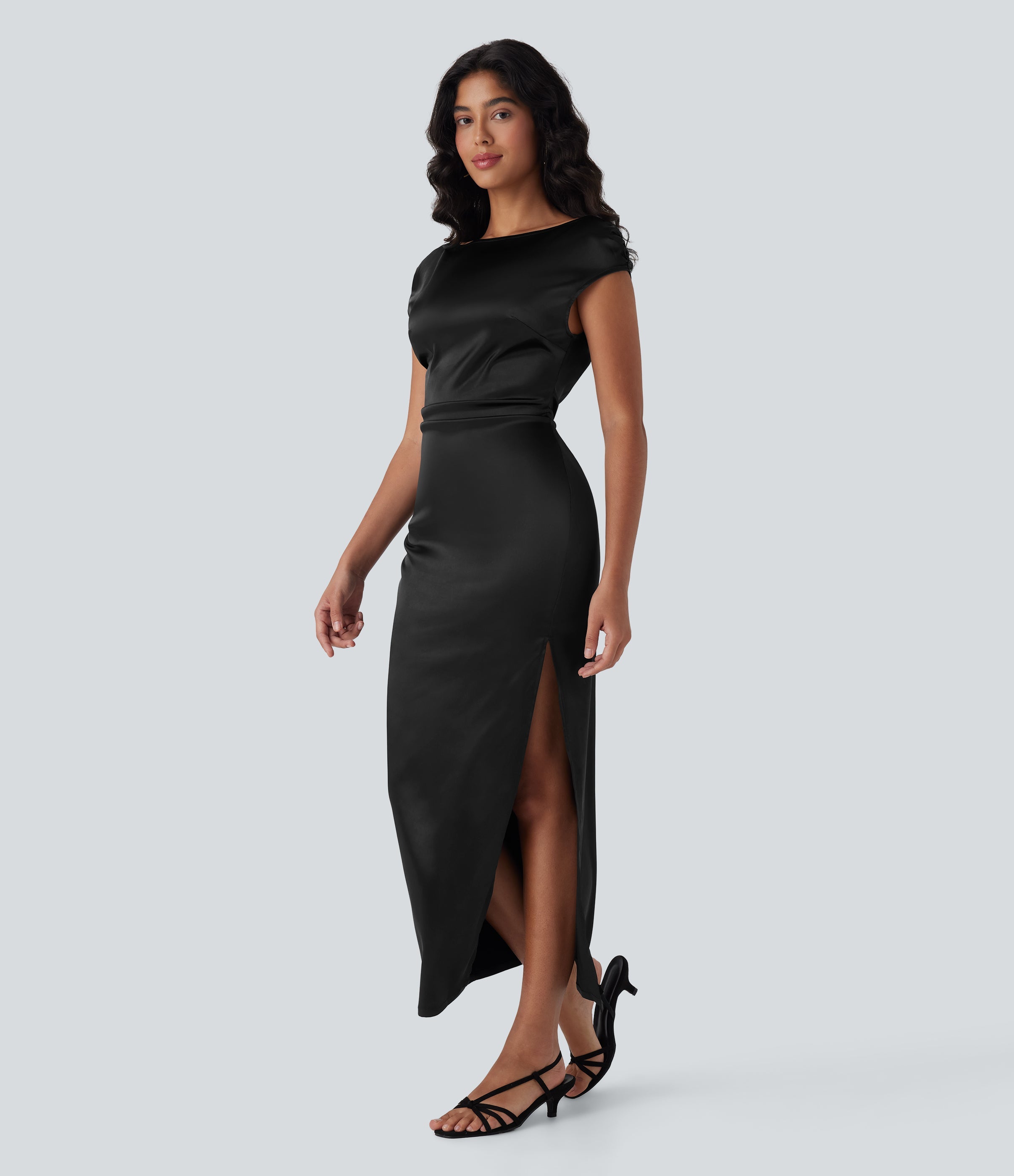 Boat Neck Cap Sleeve Ruched Satin Dress