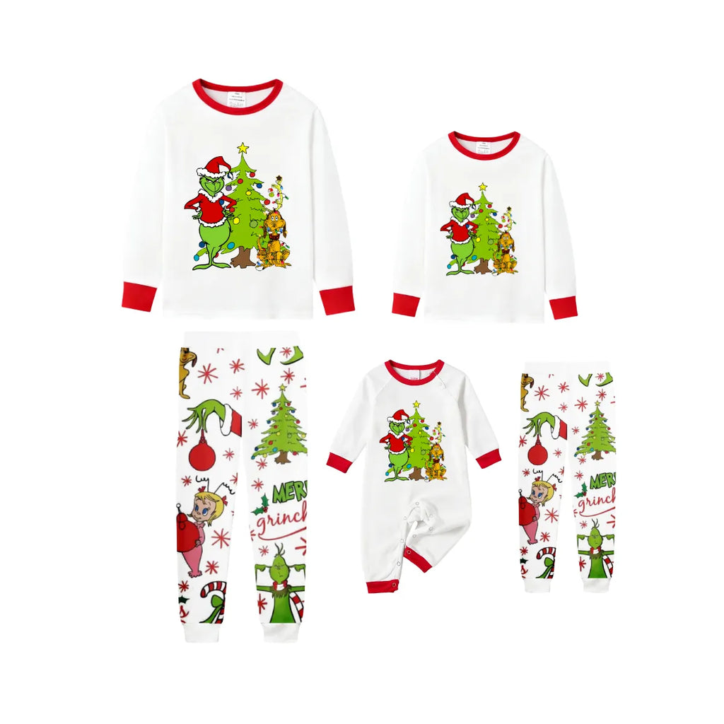 Family Christmas White Pajamas Set With Cartoon Pattern Print