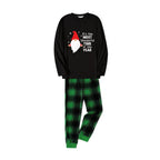 Christmas Family Matching Pajamas-Black Top and Green Plaid Pants Pjs Set with Cute Gnome and Christmas Slogan Print