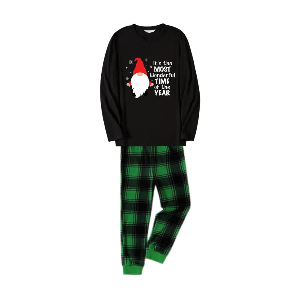Christmas Family Matching Pajamas-Black Top and Green Plaid Pants Pjs Set with Cute Gnome and Christmas Slogan Print