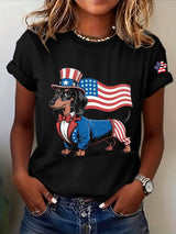 Women's Patriotic Dog Lover Printed Casual T-Shirt