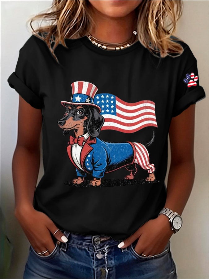 Women's Patriotic Dog Lover Printed Casual T-Shirt
