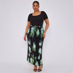 Abstract Green Plus Size Pleated Skirt