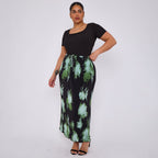 Abstract Green Plus Size Pleated Skirt