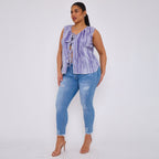 Purple Abstract Geometric Printed Stretchy Pleated V Neck Lace-up Sleeveless Shirt