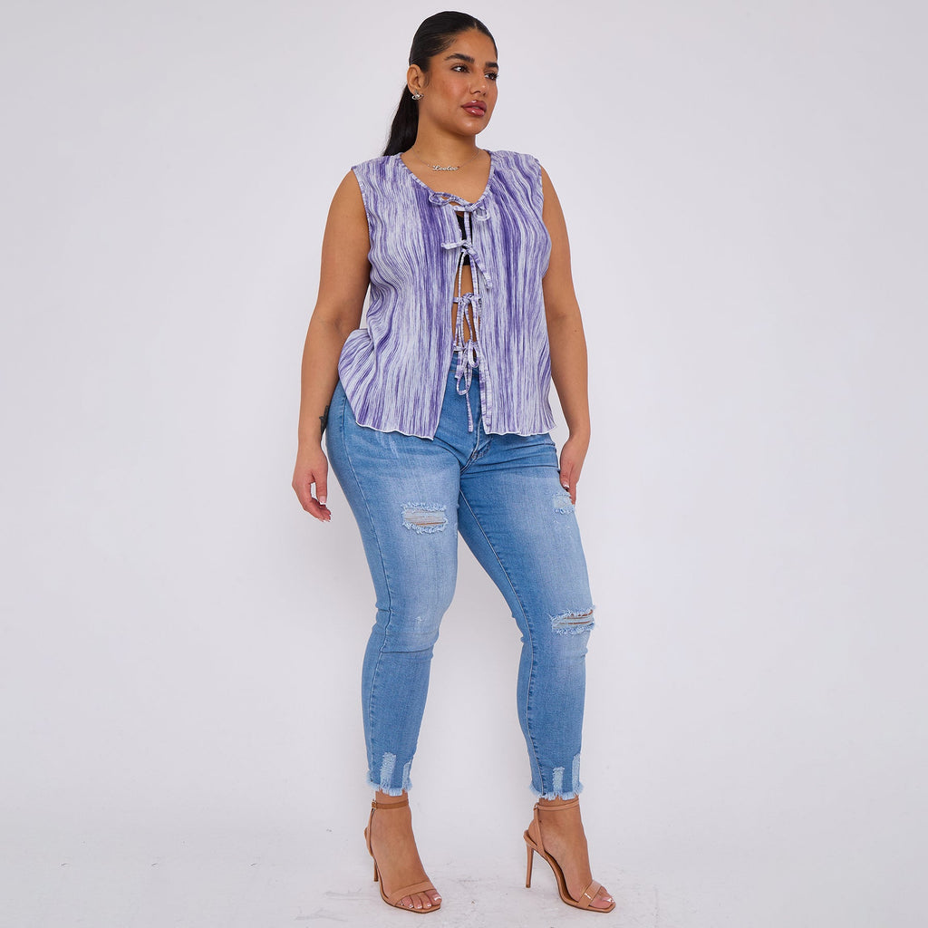 Purple Abstract Geometric Printed Stretchy Pleated V Neck Lace-up Sleeveless Shirt