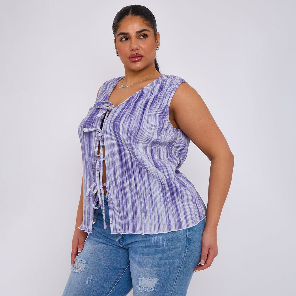 Purple Abstract Geometric Printed Stretchy Pleated V Neck Lace-up Sleeveless Shirt