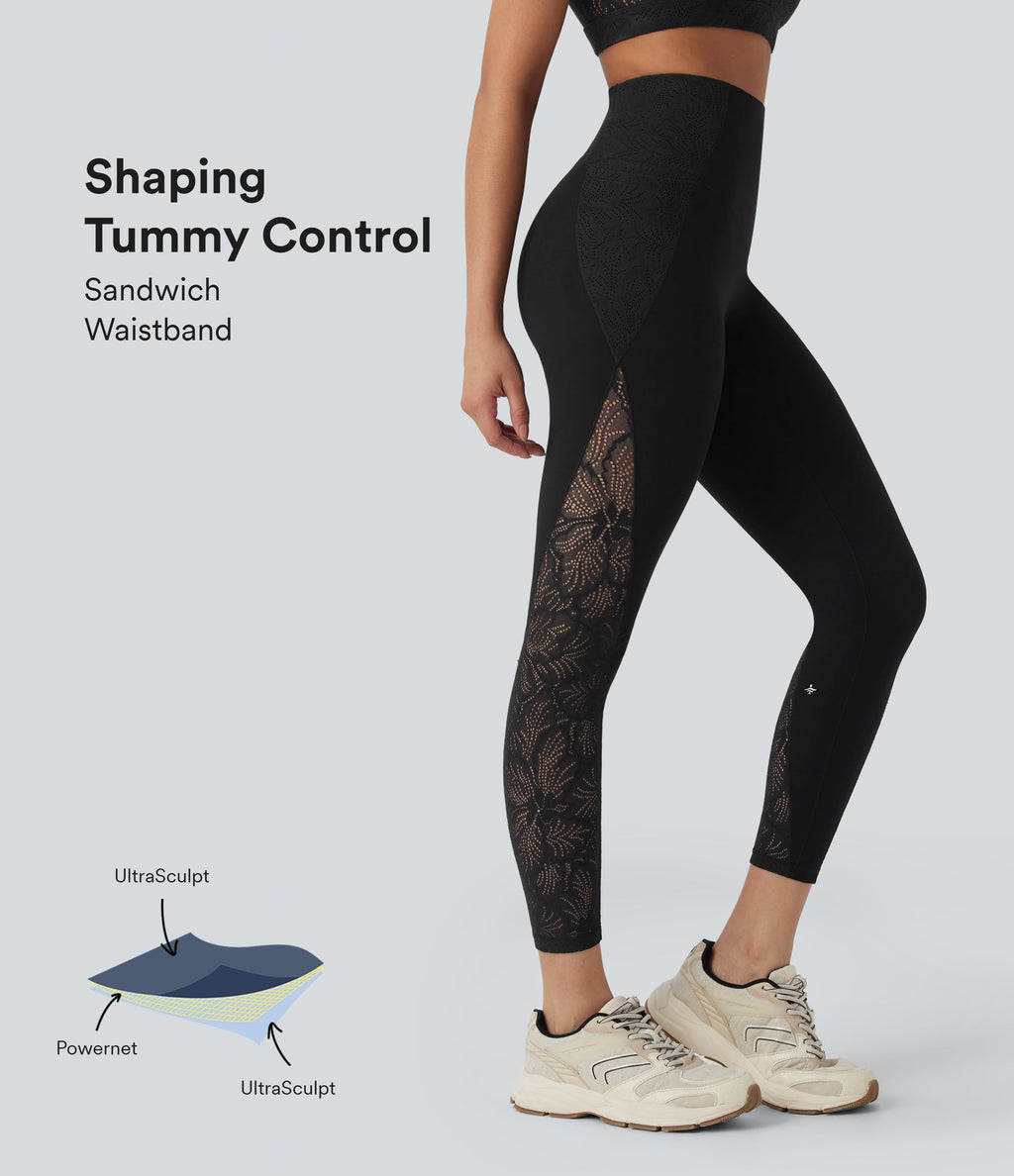 UltraSculptTM SoCinched High Waisted Tummy Control Contrast Lace Shaping Training Leggings with Pockets