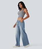 FlexTM Asymmetric Low Rise Zipper Pockets Baggy Wide Leg Washed Casual Jeans