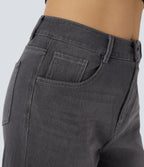 FlexTM High Waisted Multiple Pockets Rolled Hem Wide Leg Washed Stretchy Knit Casual Jeans