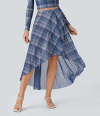 Sheer Mesh High-Waisted High-Low Plaid Maxi Flowy Skirt
