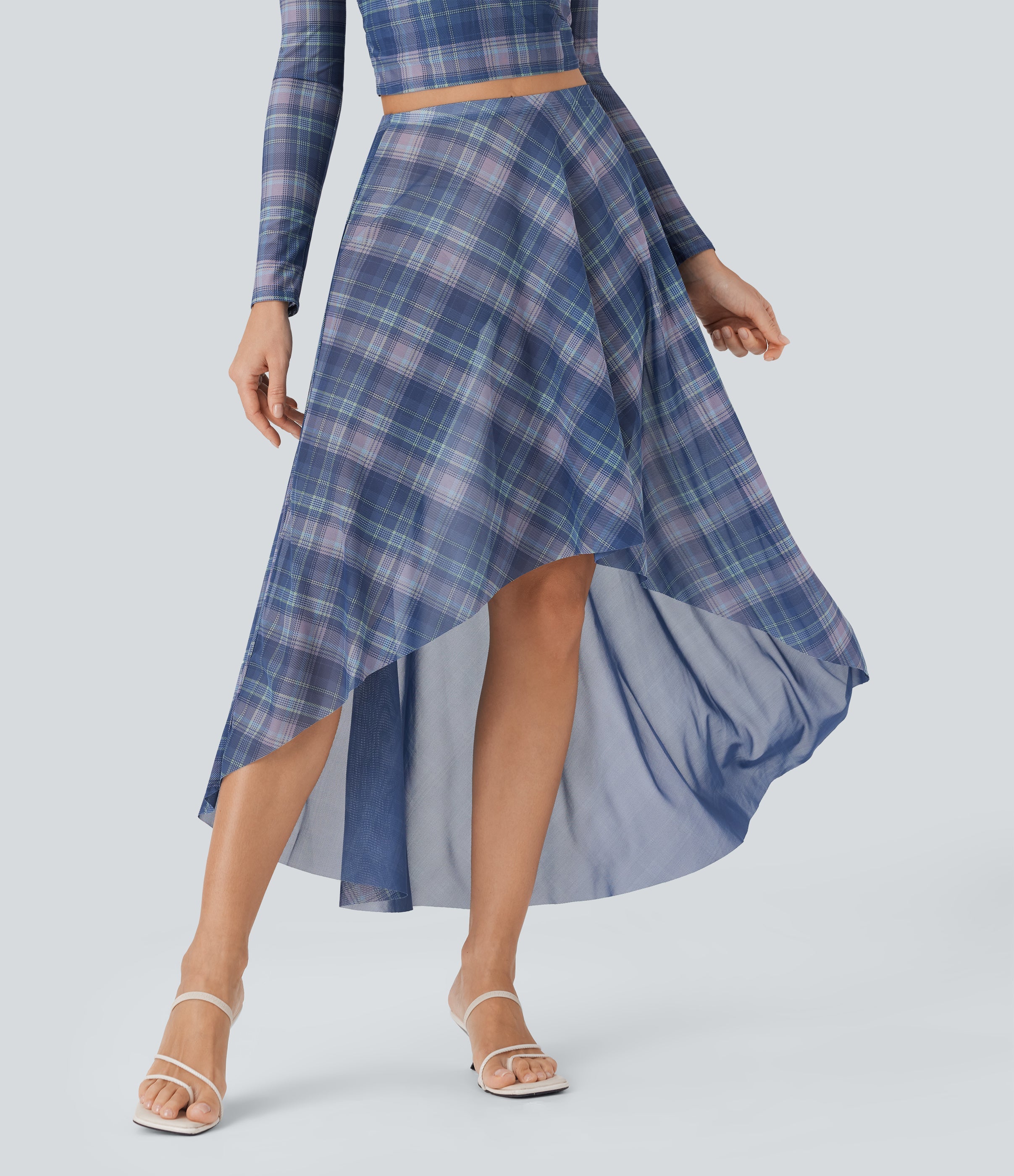 Sheer Mesh High-Waisted High-Low Plaid Maxi Flowy Skirt