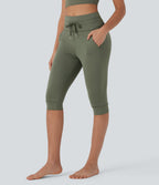 High Waisted Drawstring Pedal Pusher Quick Dry Yoga Joggers with Pockets
