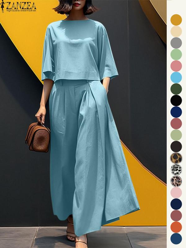 Women's Top & Wide Leg Pants Two-piece Set, Casual Fashion Cozy Three Quarter Length Sleeve Top & Trousers for Daily Outdoor Wear, Ladies Clothes for All Seasons, Womenswear, Casual Matching Set