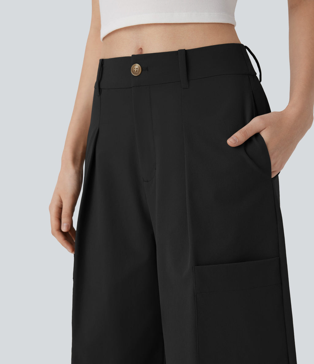Mid Rise Wide Leg Work Pants with Pockets