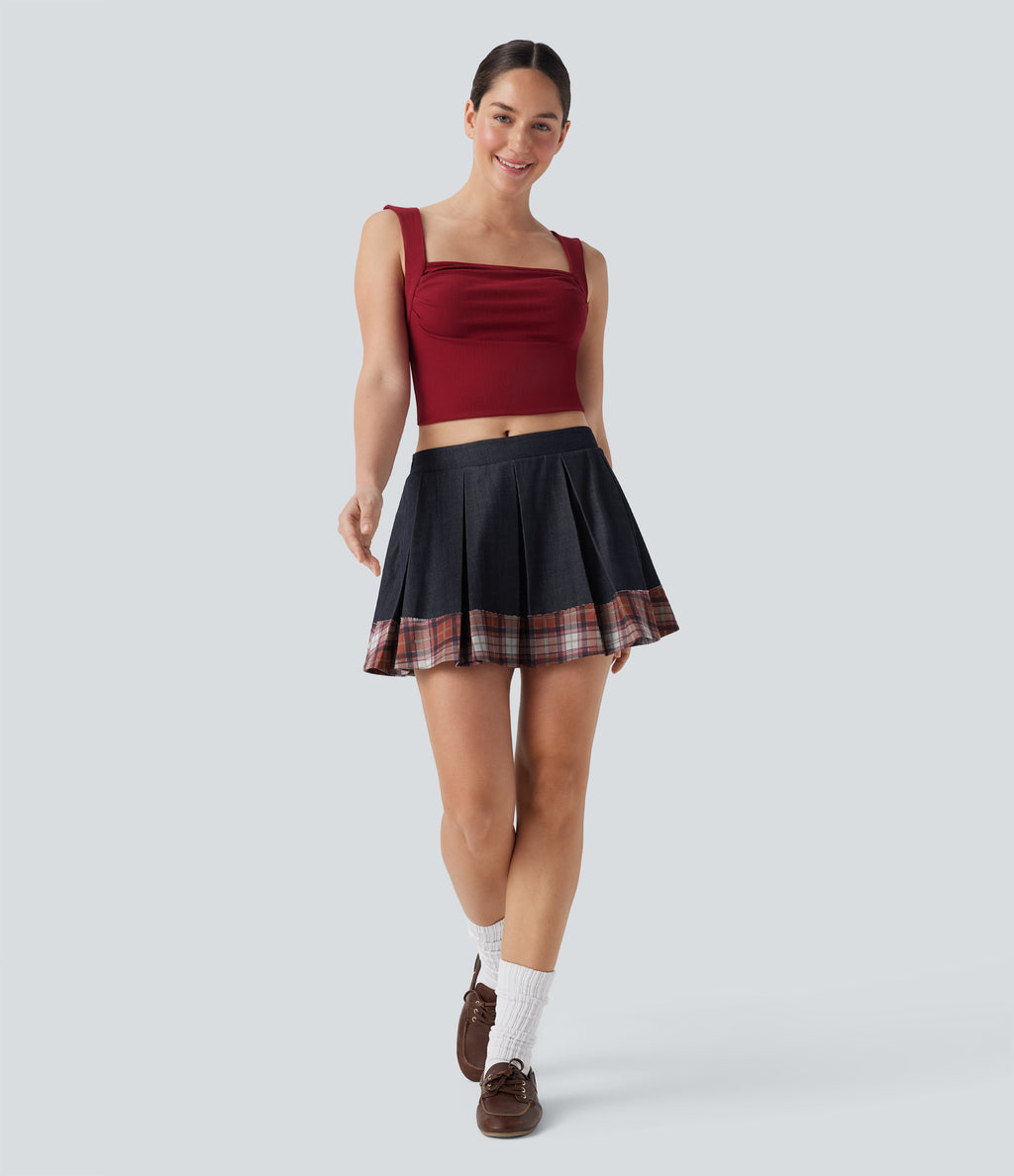 Mid Rise Pleated A-Line 2-in-1 Denim Like Plaid Mini Casual Skirt with Pocket