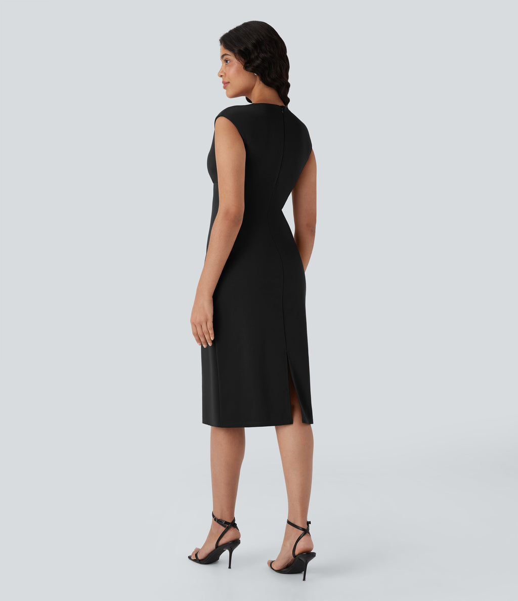 V-neck Zipper Bodycon Midi Work Built-in Mesh Shapewear Dress