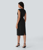 V-neck Zipper Bodycon Midi Work Built-in Mesh Shapewear Dress