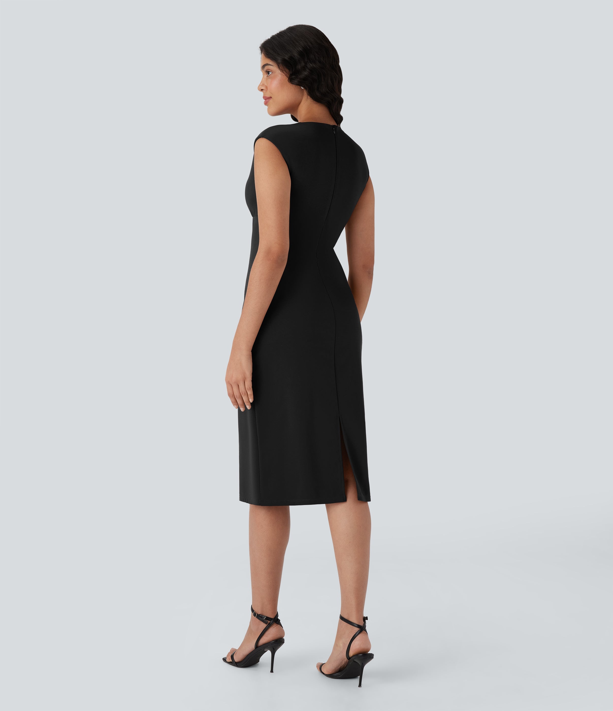 V-neck Zipper Bodycon Midi Work Built-in Mesh Shapewear Dress