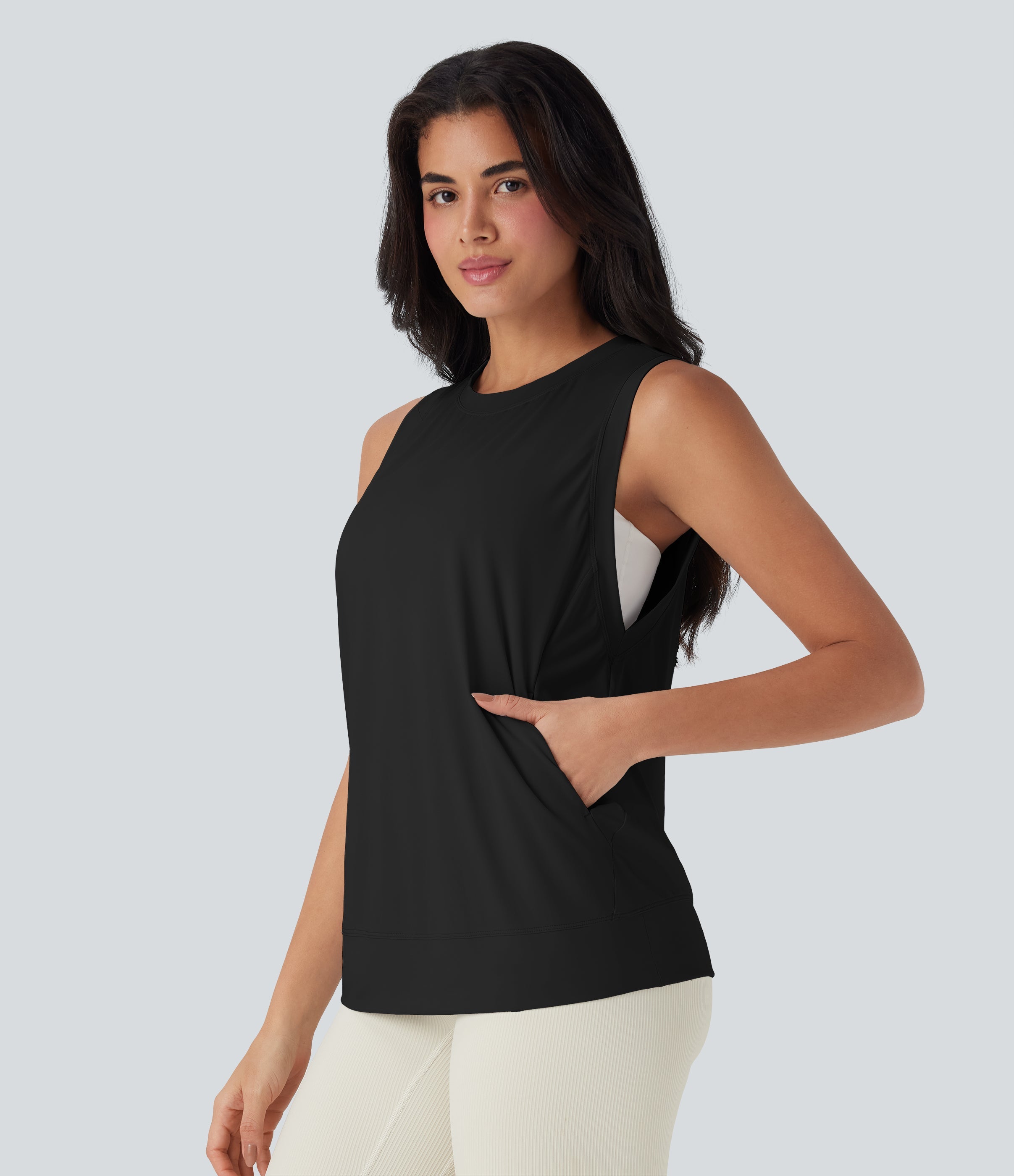 Round Neck Cool Touch Yoga Tank Top with Pockets-UPF50+