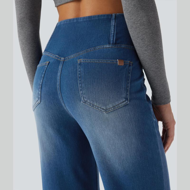 2026🔥 FlexTM High Waisted Multiple Pockets Baggy Wide Leg Washed Stretchy Knit Casual Jeans