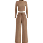 2-Piece Lounge Set – Ribbed Knit Long Sleeve Crop Top & Wide Leg Pants