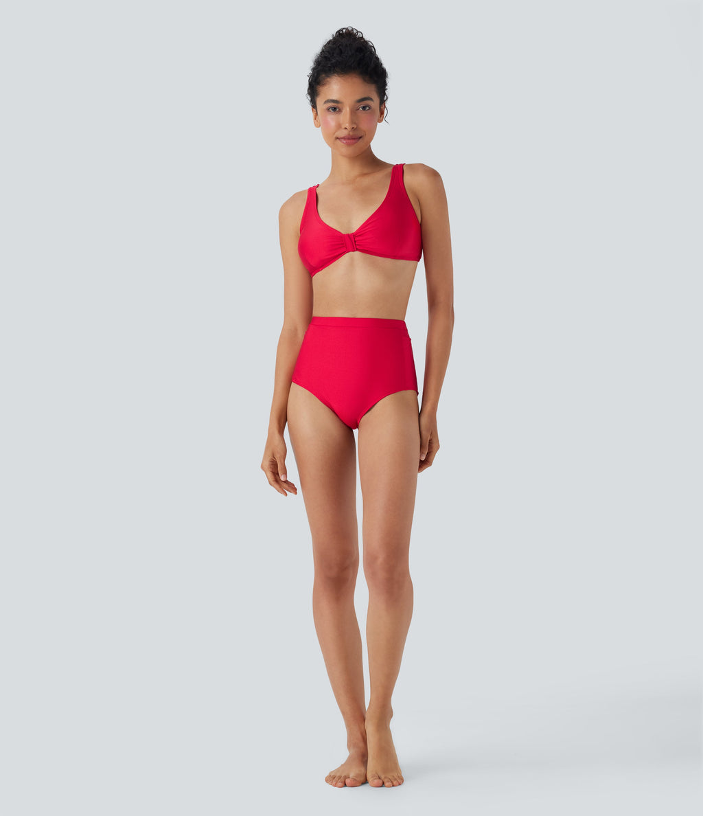 High Waisted Tummy Control Sheen Bikini Bottom Swimsuit with Pockets