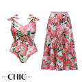 Pink Floral Patterned One-Piece Swimsuit&Skirt