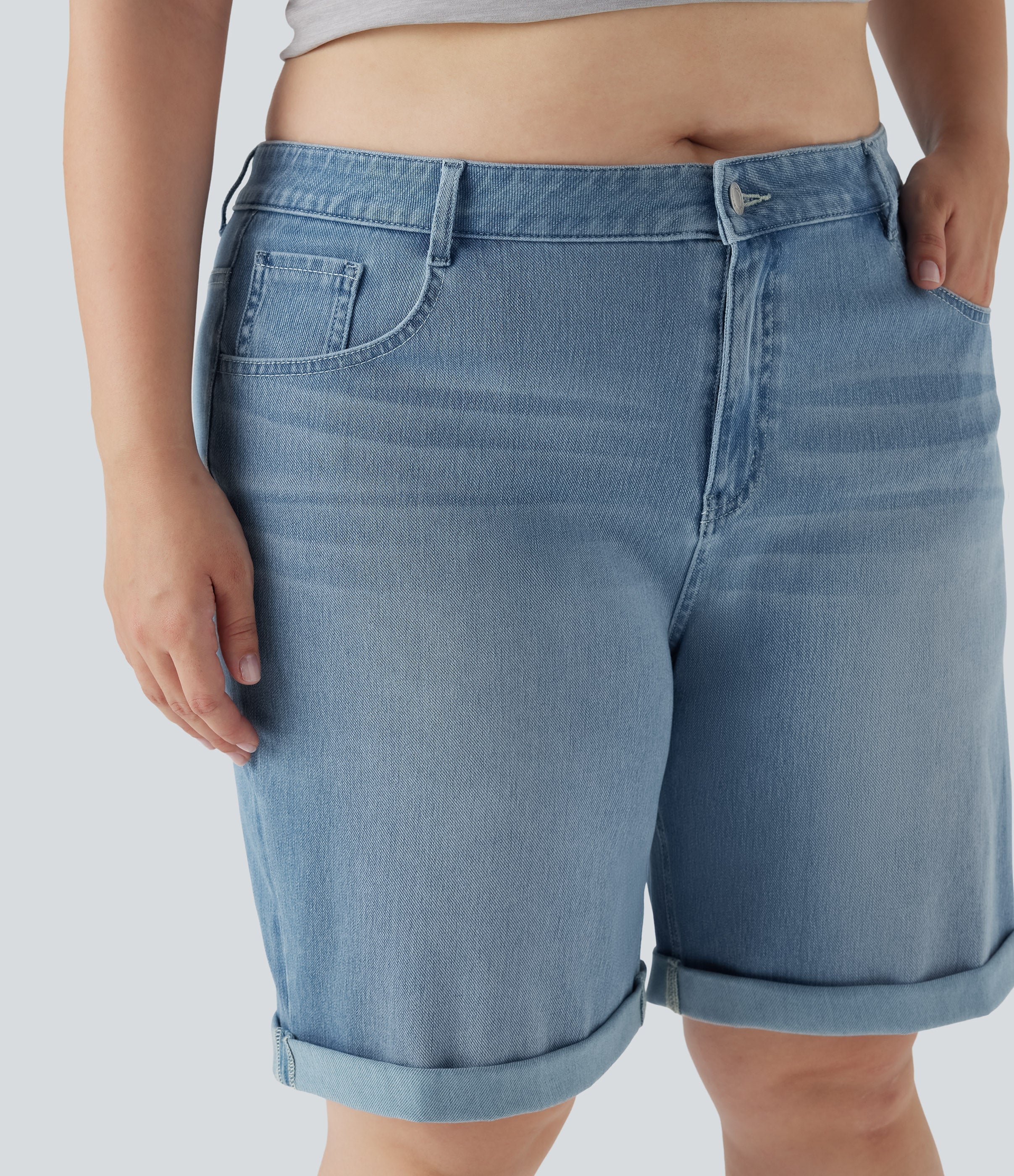 FlexTM High Waisted Multiple Pockets Rolled Hem Washed Stretchy Knit Denim Casual Plus Size Bermuda Shorts