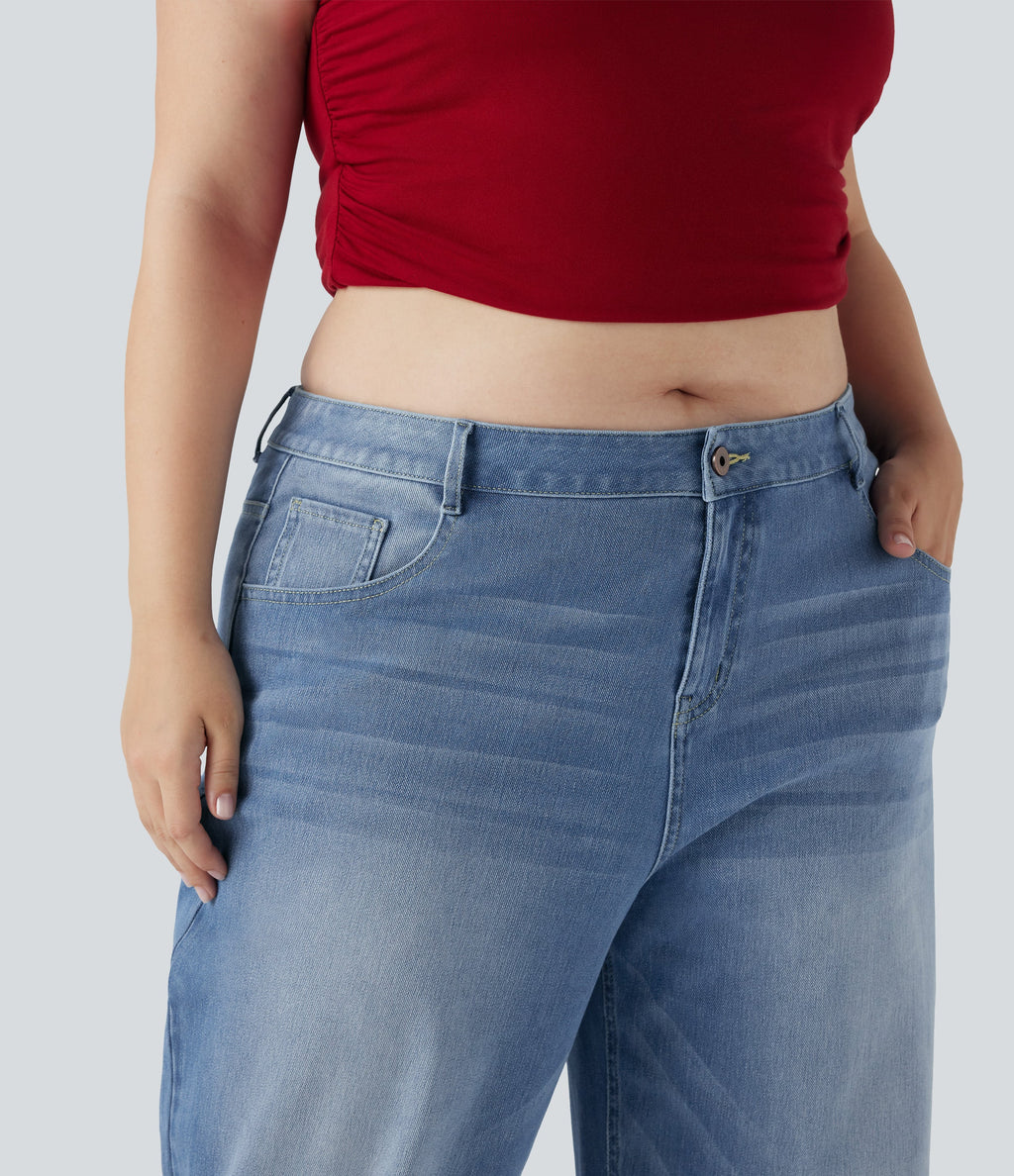 Plus Size FlexTM Low Rise Wide Leg Washed Casual Jeans with Pockets